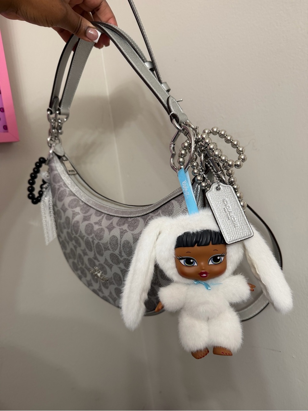 Coach Silver Signature Crescent Shoulder Bag with Plush Charm - Picture 4 of 7